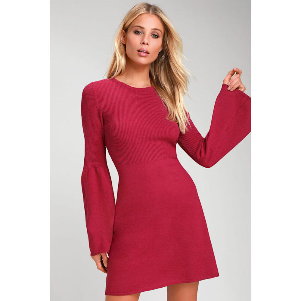 Lulus Tabitha Berry Red Bell Sleeve Sweater Dress - Size S